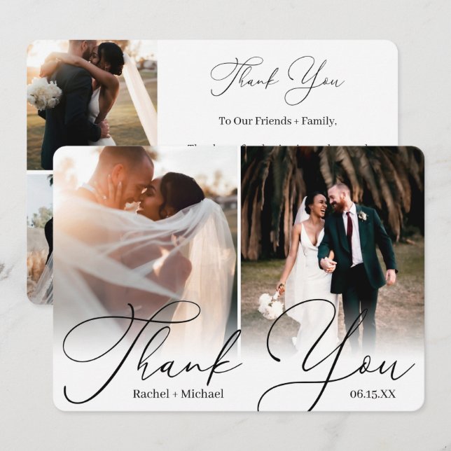 Elegant Modern Script 4 Photo Wedding Guest Thank You Card (Front/Back)