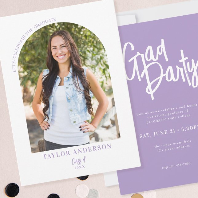 Elegant Modern Script Arch Photo Lilac Grad Party Invitation (Creator Uploaded)