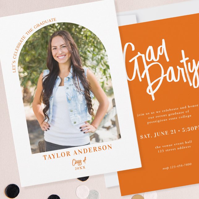 Elegant Modern Script Arch Photo Orange Grad Party Invitation (Creator Uploaded)