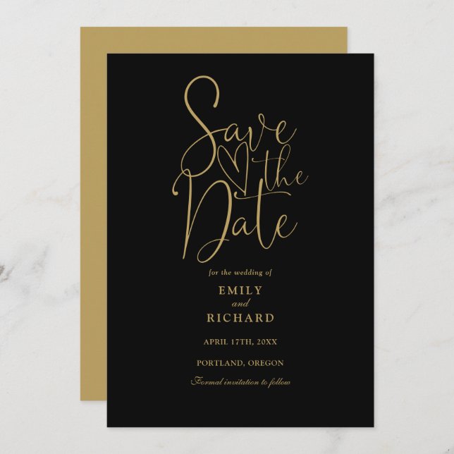 Elegant Modern Script Black And Gold Wedding Save The Date (Front/Back)