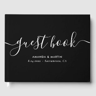 Elegant Modern Script Black and White Wedding Guest Book