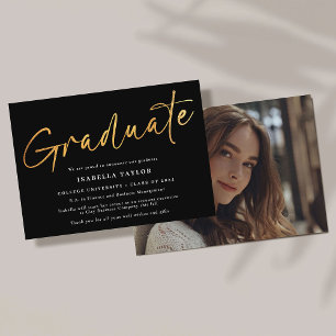 Elegant Modern Script Black Gold Photo Graduation Announcement