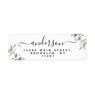 Elegant Modern Script Black Last Name Greenery Return Address Label