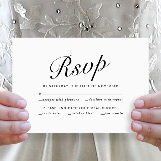 Elegant Modern Script Black White Meal Choice RSVP Holiday Card (Elegant Modern Script Black + White Wedding Meal Choice RSVP Card)