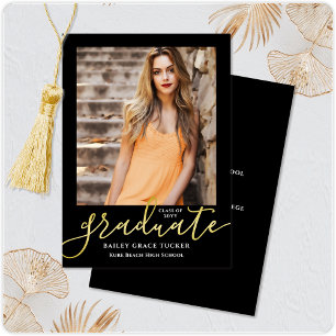Elegant Modern Script Bold Black Photo Graduation Announcement
