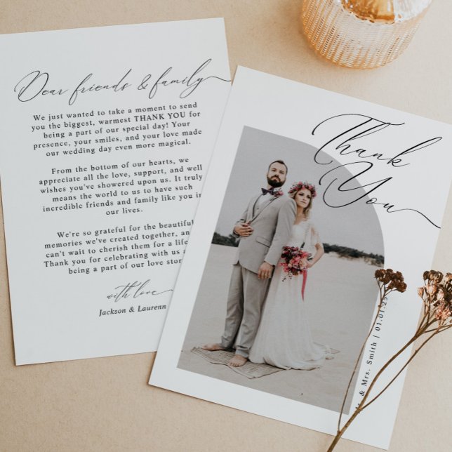 Elegant Modern Script Calligraphy Photo Wedding Thank You Card (Creator Uploaded)