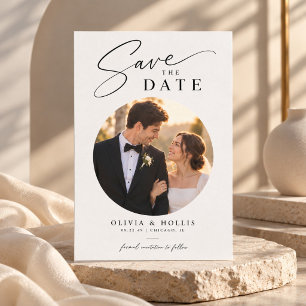 Elegant Modern Script Circle Photo Wedding Save The Date