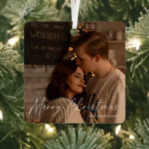 Elegant Modern Script Couple Photo Merry Christmas Metal Tree Decoration