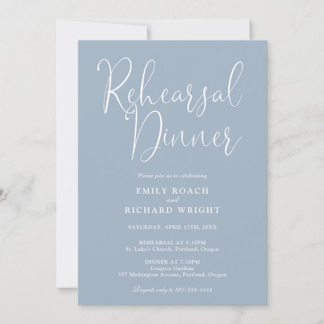 Elegant Modern Script Dusty Blue Rehearsal Dinner Invitation (Front)