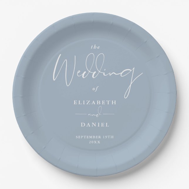 Elegant Modern Script Dusty Blue Wedding Paper Plate (Front)