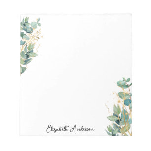 Elegant Modern Script Eucalyptus Greenery Name Notepad