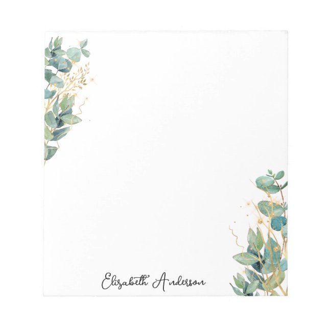 Elegant Modern Script Eucalyptus Greenery Name Notepad (Front)