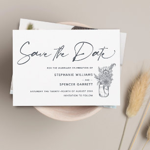 Elegant Modern Script Flowers Photo Wedding Save The Date