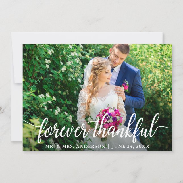 Elegant Modern Script Forever Thankful Wedding Thank You Card (Front)