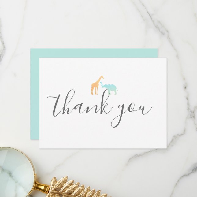 Elegant Modern Script Giraffe Elephant Baby Shower Thank You Card (Front/Back In Situ)