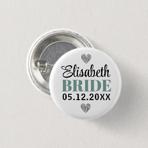 Elegant Modern Script Glitter Hearts Grey Bridal 3 Cm Round Badge