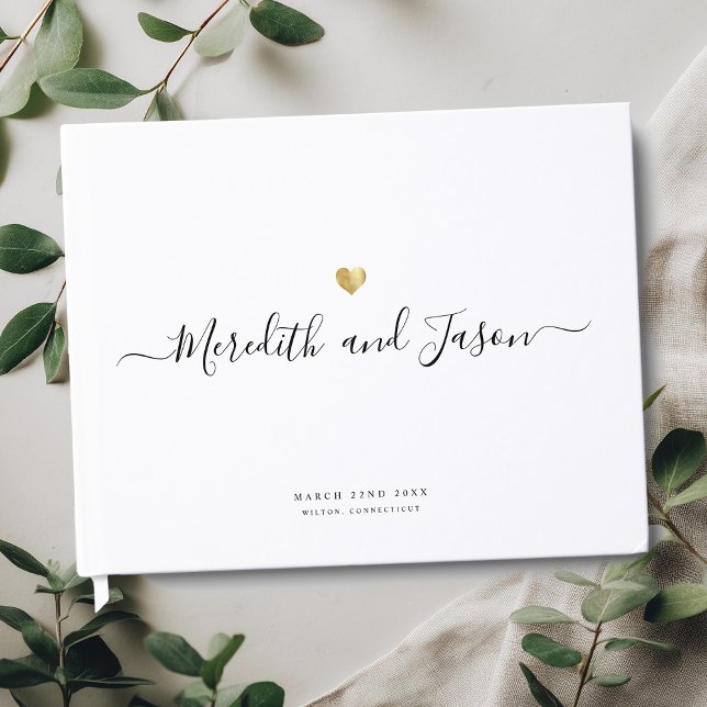 Elegant Modern Script Gold Heart Photo Wedding Guest Book (Creator Uploaded)