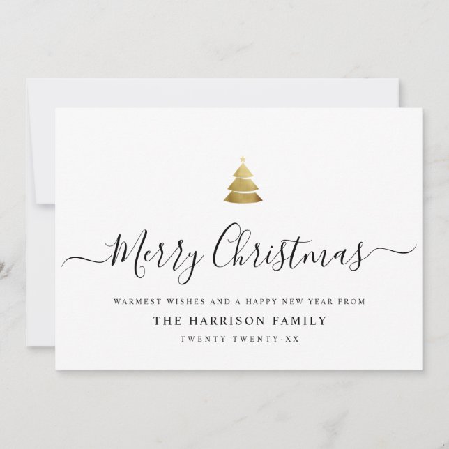 Elegant Modern Script Gold Merry Christmas Tree Ho Holiday Card (Front)