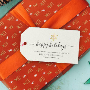 Elegant Modern Script Gold Snowflake Happy Holiday Gift Tags