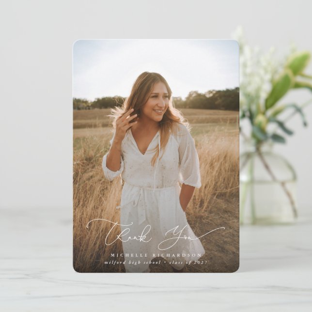 Elegant Modern Script Graduation Photo Thank You Card (Standing Front)