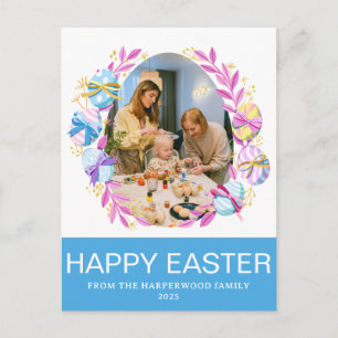 Elegant Modern Script Happy Easter family photo Holiday Postcard