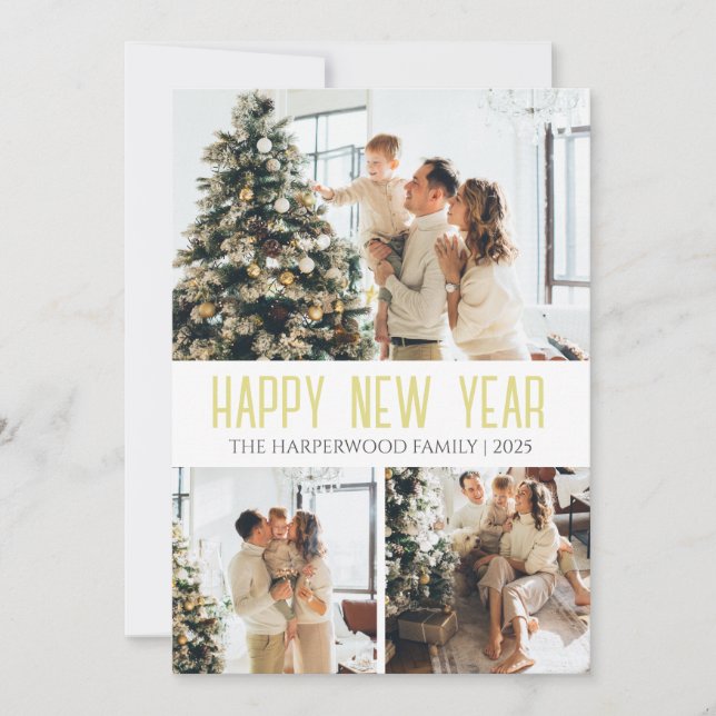 Elegant Modern Script Happy New Year 3 Collage Holiday Card (Front)