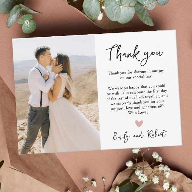 Elegant Modern Script Heart Photo Wedding Thank You Card (Creator Uploaded)
