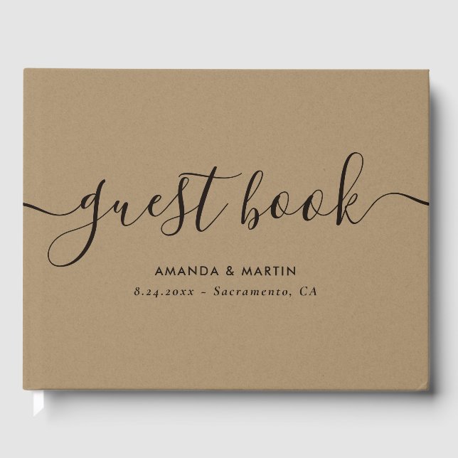 Elegant Modern Script Kraft Wedding Guest Book (Front)