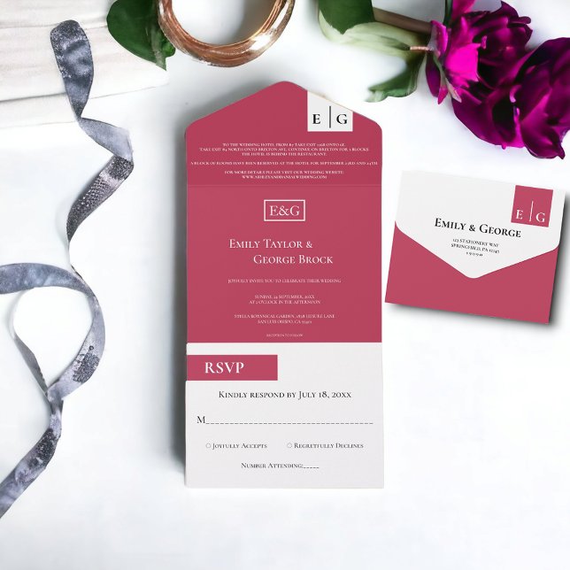 Elegant Modern Script Magenta Monogram Wedding All In One Invitation (Creator Uploaded)