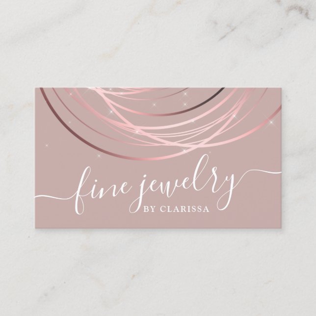 Elegant modern script minimal rose gold jewellery business card (Front)