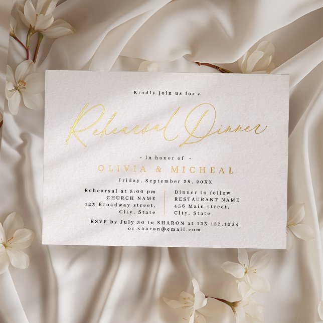 Elegant modern script minimalist rehearsal dinner (Elegant modern script minimalist rehearsal dinner foil invitation)