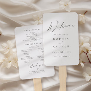 Elegant modern script minimalist wedding program hand fan