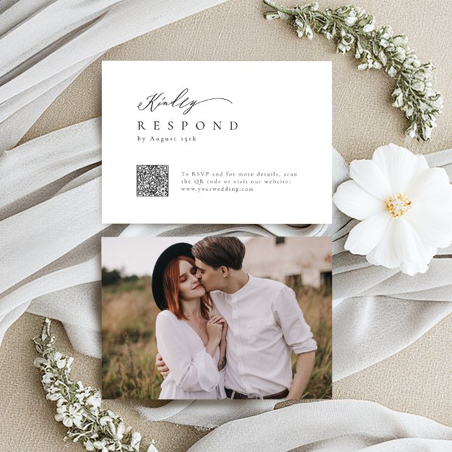 Elegant modern script minimalist wedding QR code RSVP Card (Elegant modern script minimalist wedding QR code RSVP Card)