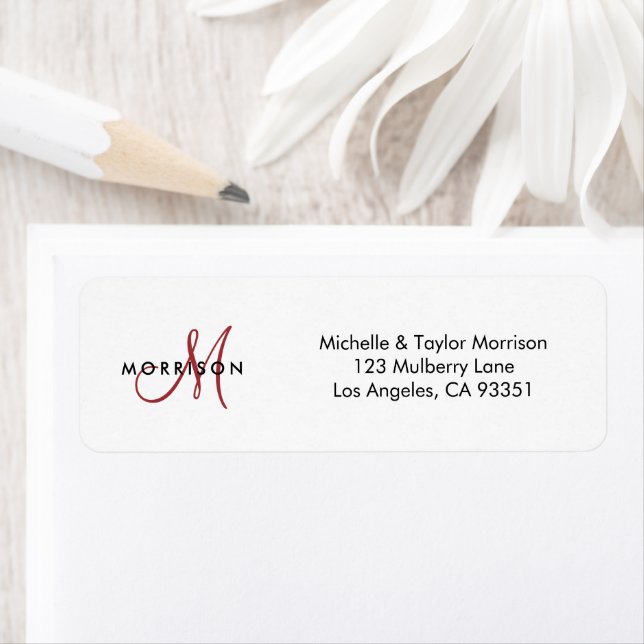 Elegant Modern Script Monogram Red Return Address Label (Insitu)
