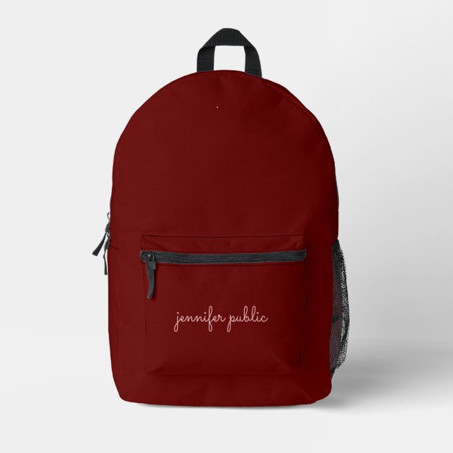 Elegant Modern Script Name Dark Red Solid Colour Printed Backpack (Front)