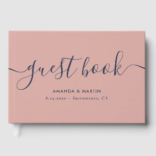 Elegant Modern Script Navy Blue and Blush Wedding Guest Book