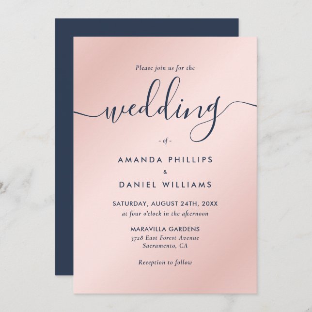Elegant Modern Script Navy Blue and Blush Wedding Invitation (Front/Back)