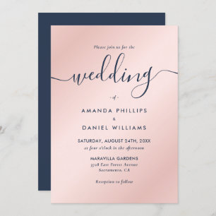 Elegant Modern Script Navy Blue and Blush Wedding Invitation