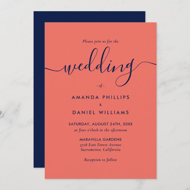 Elegant Modern Script Navy Blue and Coral Wedding Invitation (Front/Back)