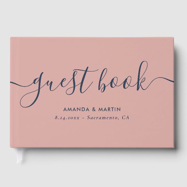 Elegant Modern Script Navy Blue Pink Wedding Guest Book (Front)