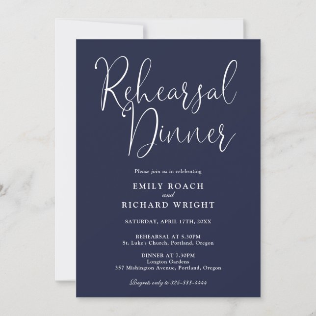 Elegant Modern Script Navy Blue Rehearsal Dinner Invitation (Front)