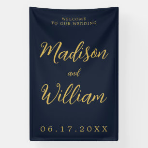 Elegant Modern Script Navy Gold Welcome Wedding Banner