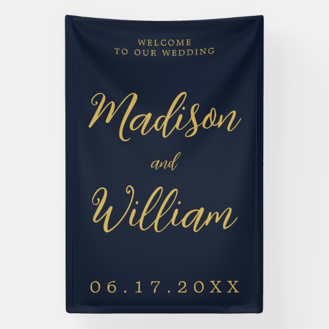Elegant Modern Script Navy Gold Welcome Wedding Banner (Vertical)