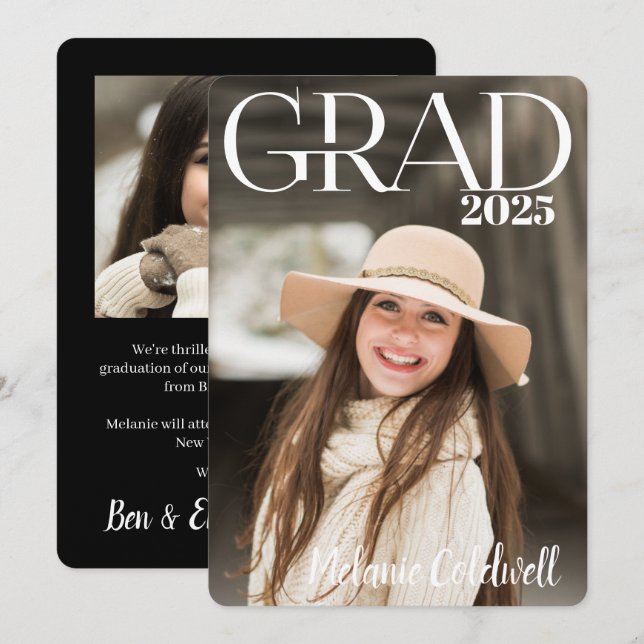 Elegant Modern Script Photo Graduation Announcement (Front/Back)