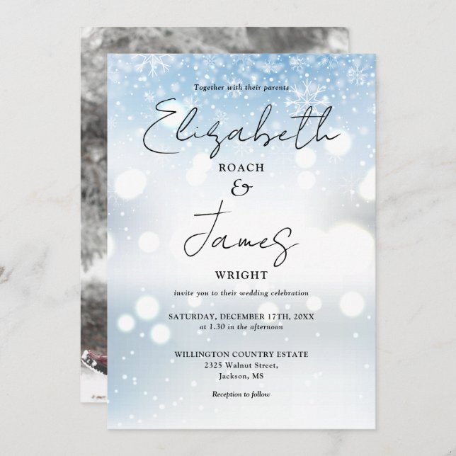 Elegant Modern Script Photo Snow Winter Wedding Invitation (Front/Back)