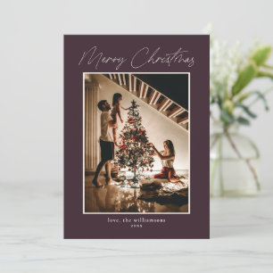 Elegant Modern Script Plum Two Photo Christmas Holiday Card