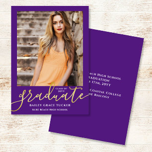 Elegant Modern Script Purple Photo Graduation Announcement