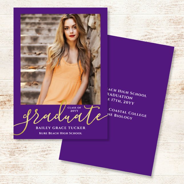 Elegant Modern Script Purple Photo Graduation Announcement (Creator Uploaded)