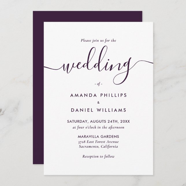 Elegant Modern Script Purple Wedding Invitation (Front/Back)
