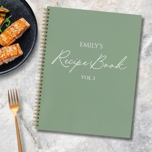 Elegant Modern Script Sage Green Simple Recipe Notebook (In situ)